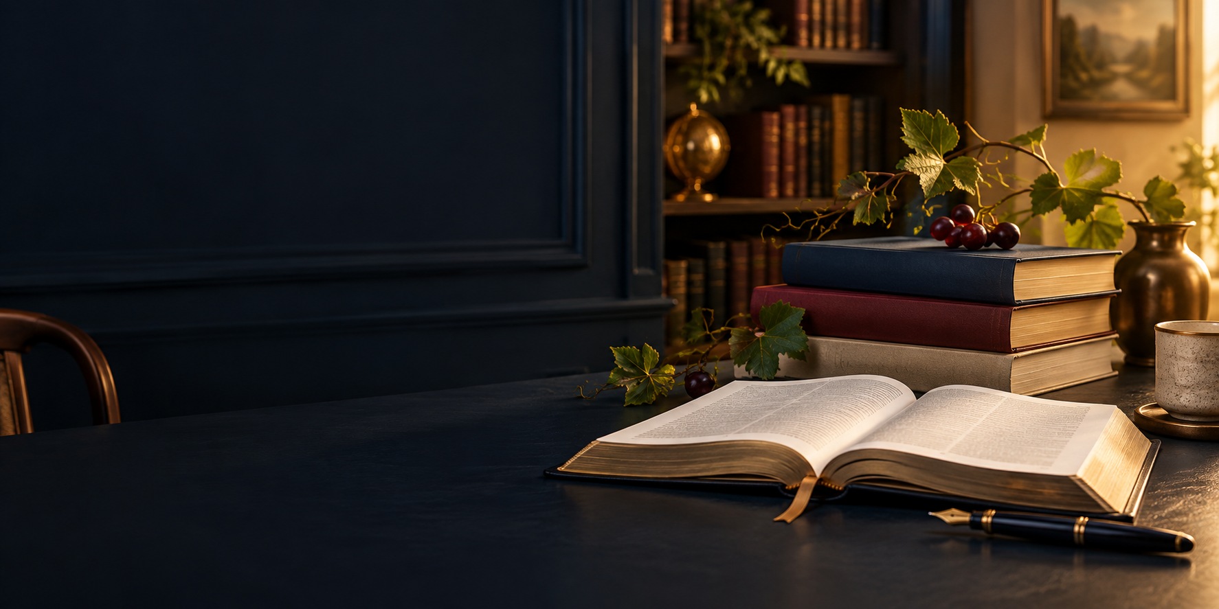 A refined study with books, an open Bible and grapevine